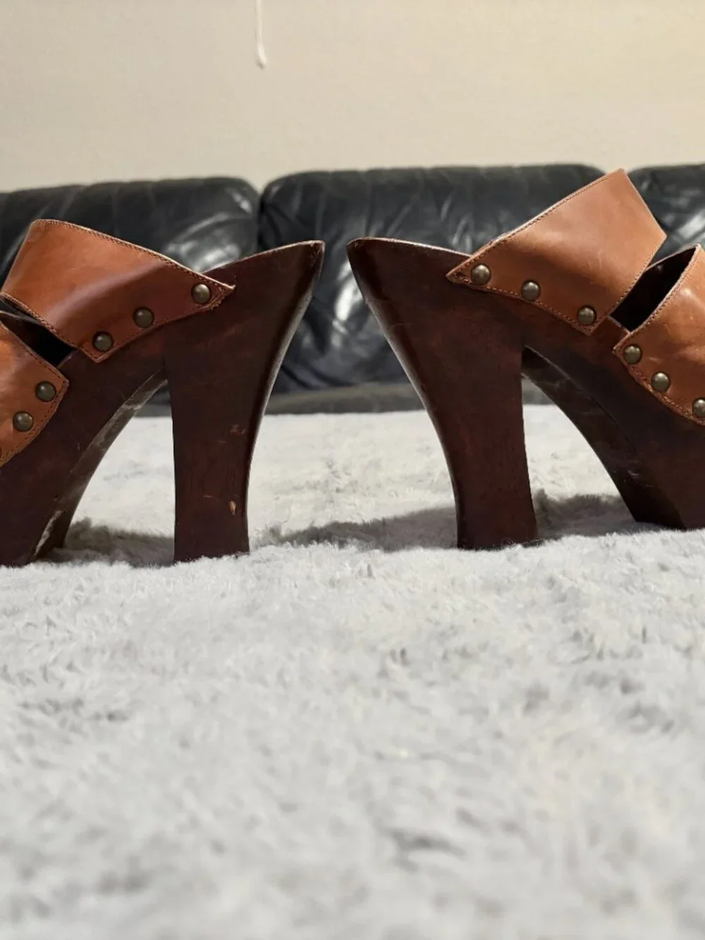 Wild Pair Brown Leather Studded Platform Heels